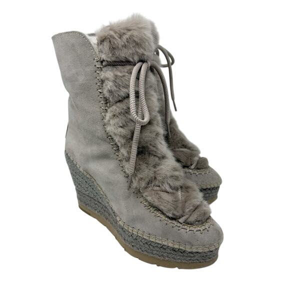 Vidorreta Taupe Suede & Faux Fur Espadrille Boots Size EU 39 Lace Up Wedge Heel - Picture 9 of 9